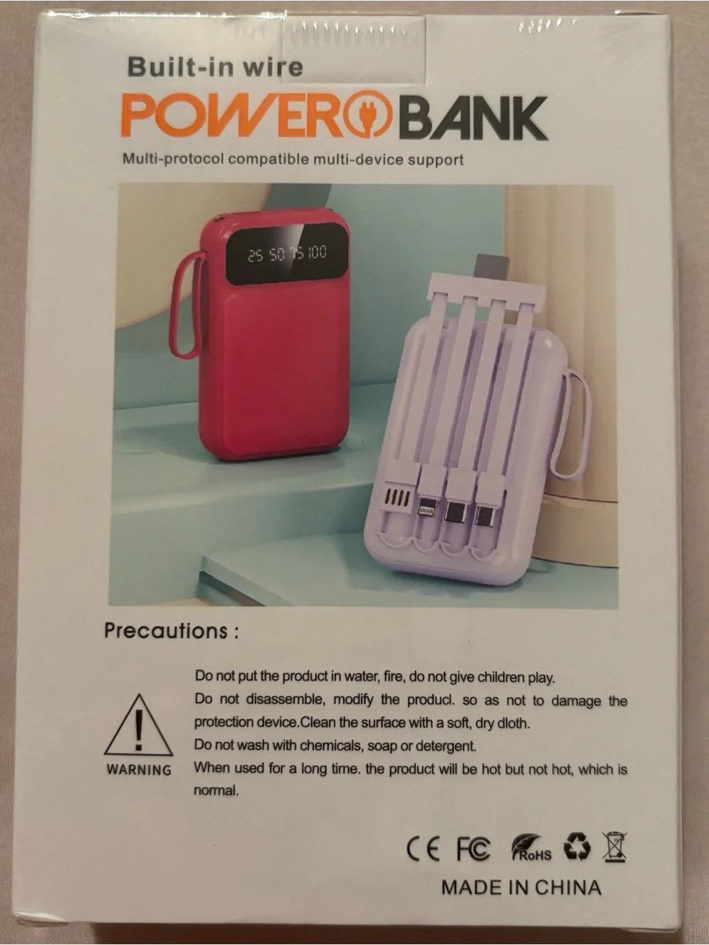 All-in-One Portable Power Bank w/ 4 Built-In Cables & LED Display – White NIB